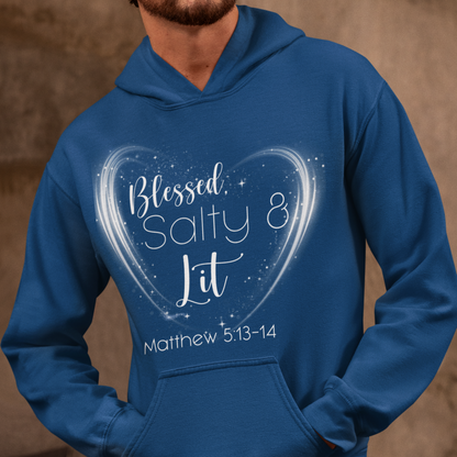Person wearing a blue hoodie with a heart design and text on a brown background