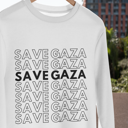 White sweatshirt with 'SAVE GAZA' text on a hanger against an outdoor background.