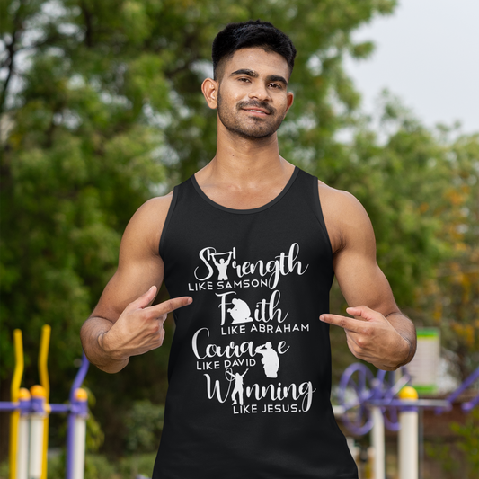Man wearing a black tank top with motivational text outdoors