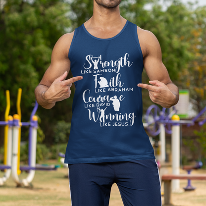 Man wearing a navy tank top with motivational text outdoors