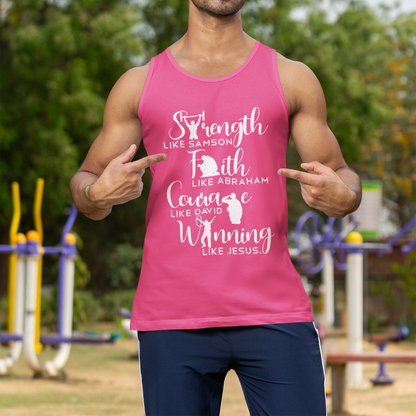 Man wearing a pink tank top with motivational text outdoors