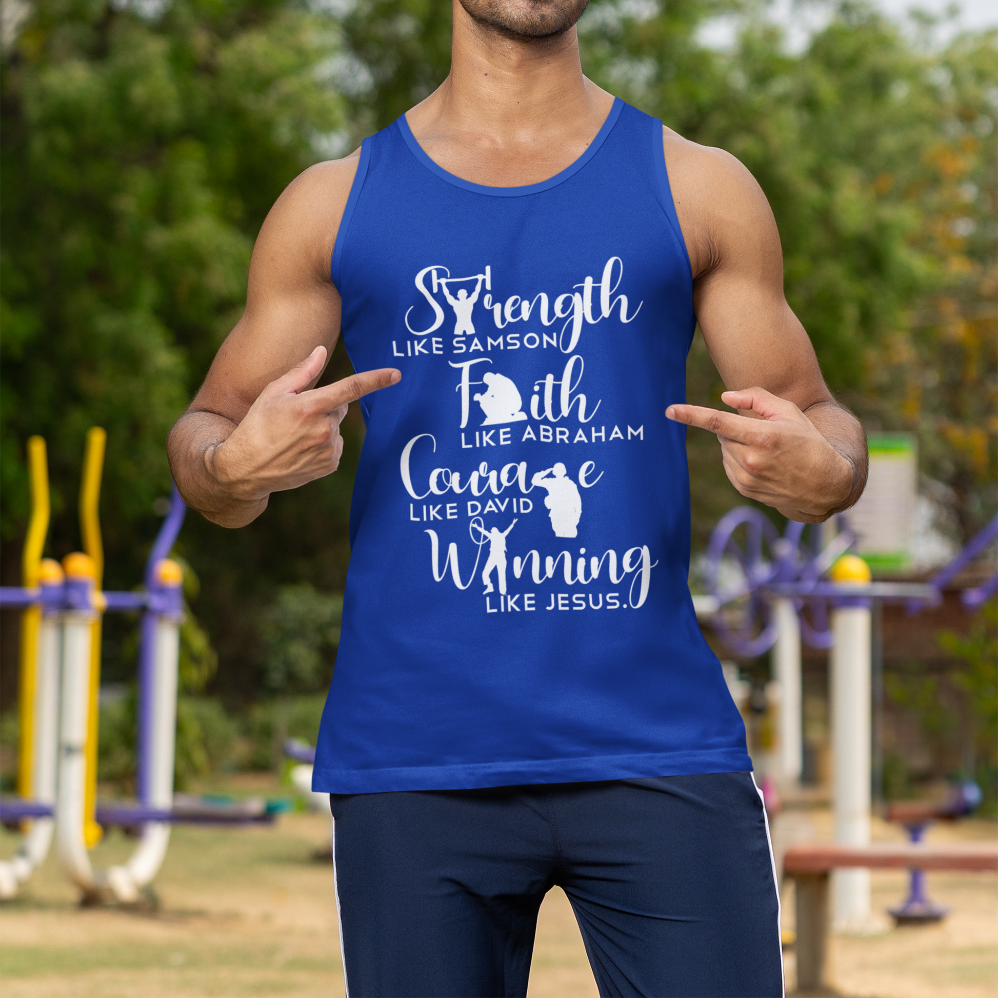 Man wearing a blue tank top with motivational text outdoors