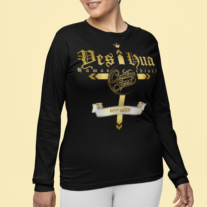 Woman wearing a black long-sleeve shirt with gold text on a beige background