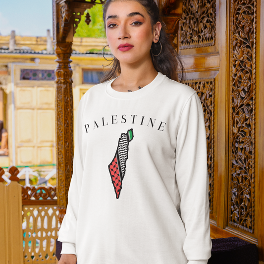 Person wearing a white sweatshirt with 'Palestine' and a map design, standing in front of ornate wooden architecture.