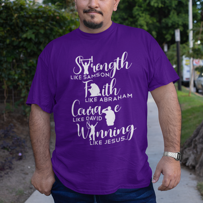 Man wearing a purple t-shirt with motivational text and character references, standing outdoors.