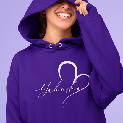 Person wearing a purple hoodie with 'Yahusha' design on a purple background
