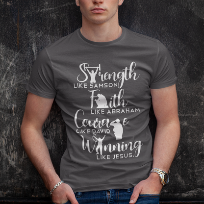 Man wearing a gray t-shirt with motivational text against a dark textured background