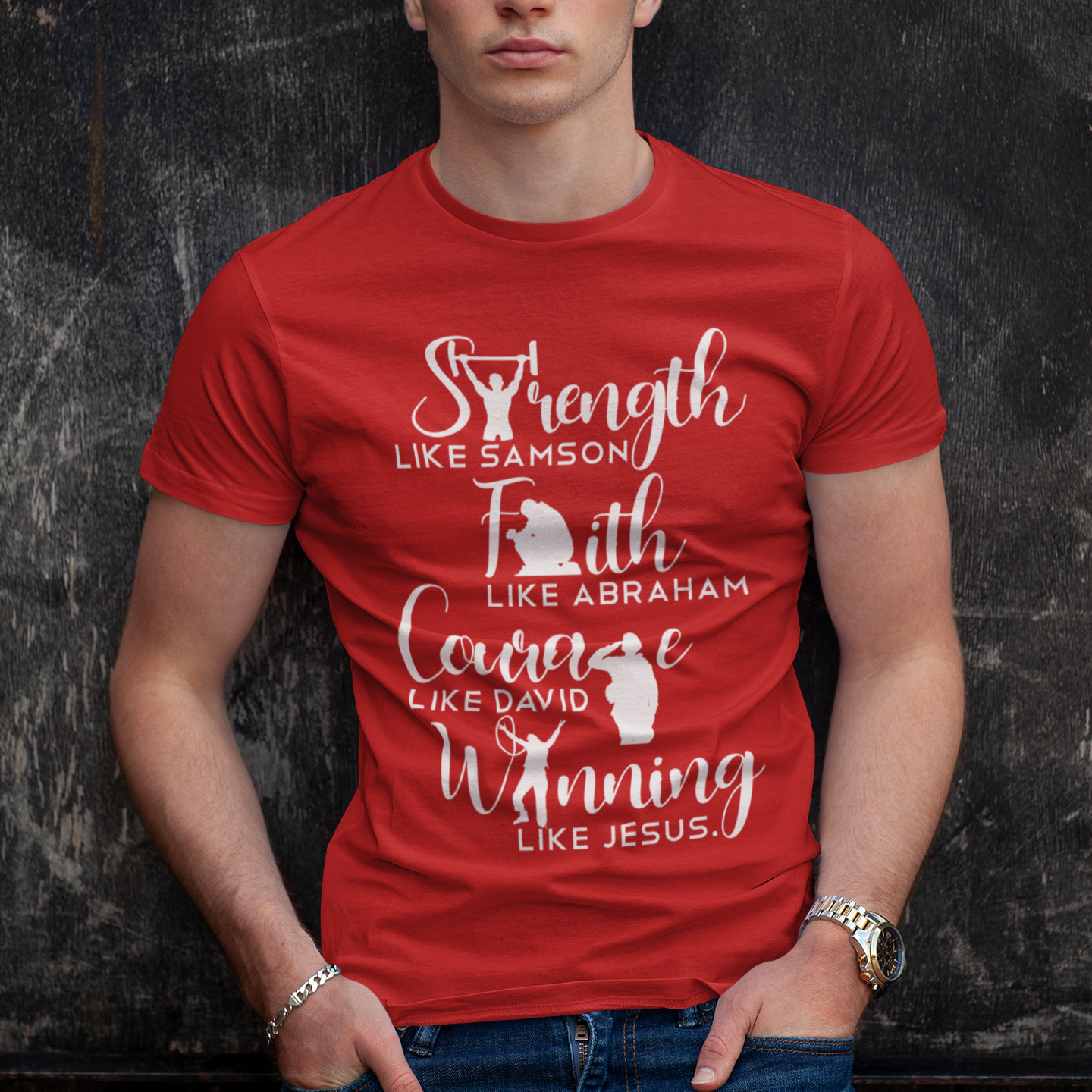 Man wearing a red t-shirt with motivational text against a dark textured background