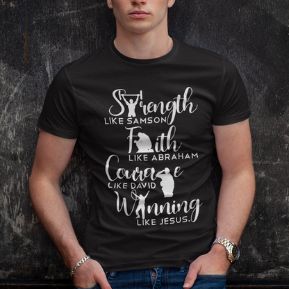 Man wearing a black t-shirt with motivational quote against a dark textured background