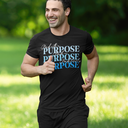 Man running outdoors wearing a black t-shirt with 'PURPOSE' text