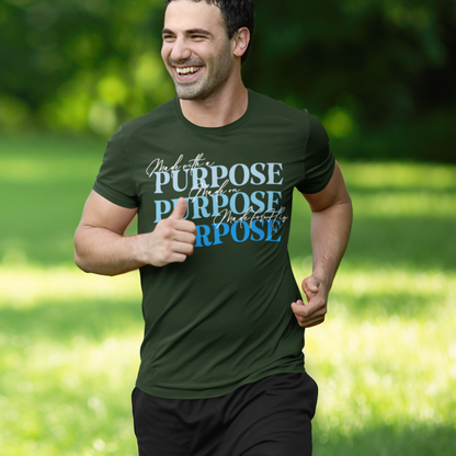 Man running outdoors wearing a green t-shirt with 'Purpose' text