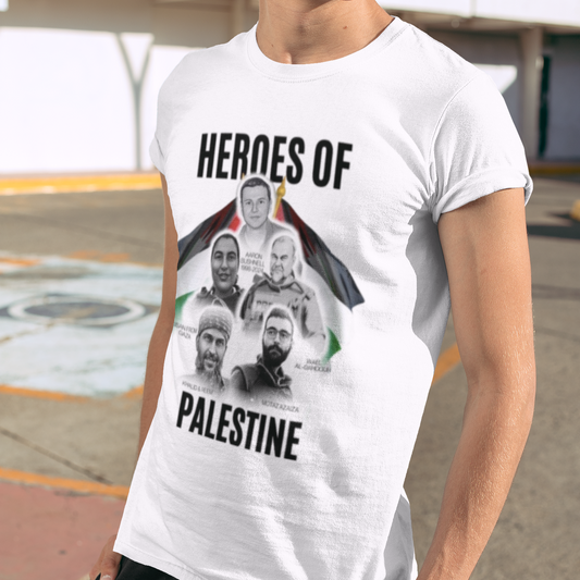 Person wearing a white t-shirt with 'Heroes of Palestine' graphic