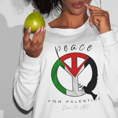 Person wearing a white sweatshirt with a peace symbol design, holding an apple.