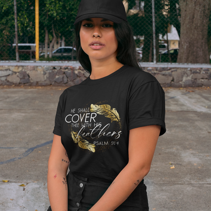 Woman wearing a black t-shirt with text and design, sitting outdoors.