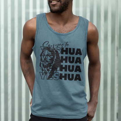 Man wearing a blue tank top with text and graphics against a corrugated metal background