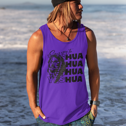 Person wearing a purple tank top with text on a beach