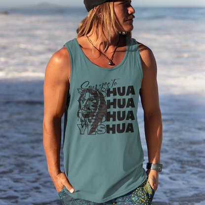 Person wearing a tank top with 'HUA' text on a beach