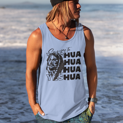 Person wearing a tank top with 'HUA HUA YASHA' text on a beach
