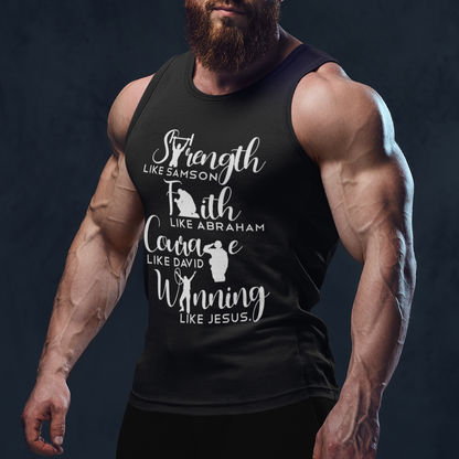 Muscular man wearing a black tank top with motivational text against a dark background