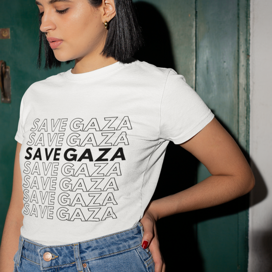 Person wearing a white t-shirt with 'SAVE GAZA' text, standing against a green door.