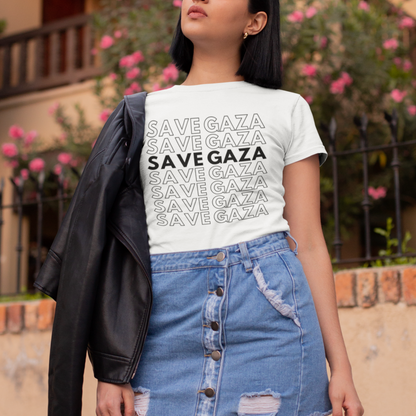 Woman wearing a 'Save Gaza' t-shirt in front of a building with pink flowers.