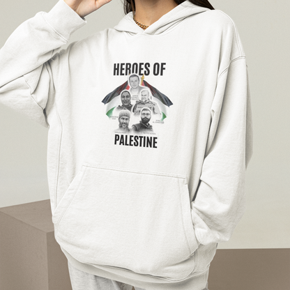 Person wearing a white hoodie with 'Heroes of Palestine' graphic design.