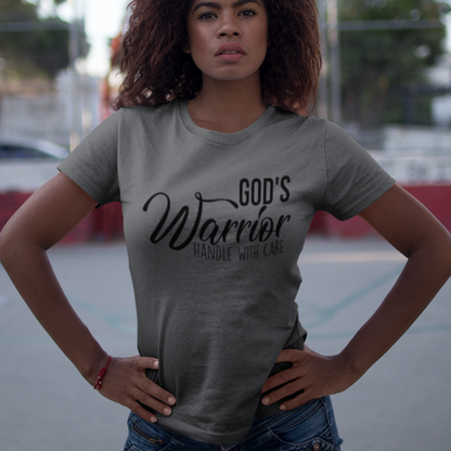 Woman wearing a gray t-shirt with 'GDP's Warrior' text on a court background